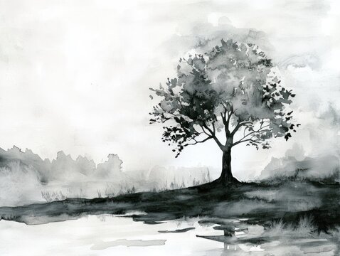 Lone tree by lake, misty morning, tranquil scene, nature art