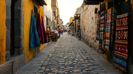 Fototapeta premium Colorful Market Street with Artisan Textiles and Cobblestone Path in Historic Town