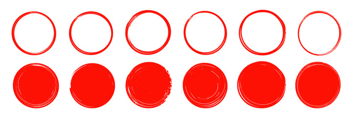 Brush stroke texture circle red hand drawn element set. Hand drawn brush stroke calligraphy rough line frame. Texture stroke red circle background. Abstract stain grunge style. Vector illustration
