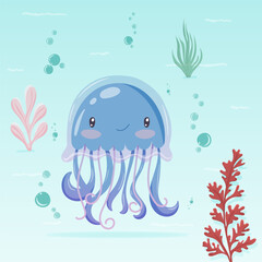 Vector illustration of a smiling blue jellyfish with curly tentacles on an underwater background. Suitable for kids themes, marine designs and educational materials
