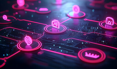 Futuristic Neon Circuit Board with Icons and Digital Symbols