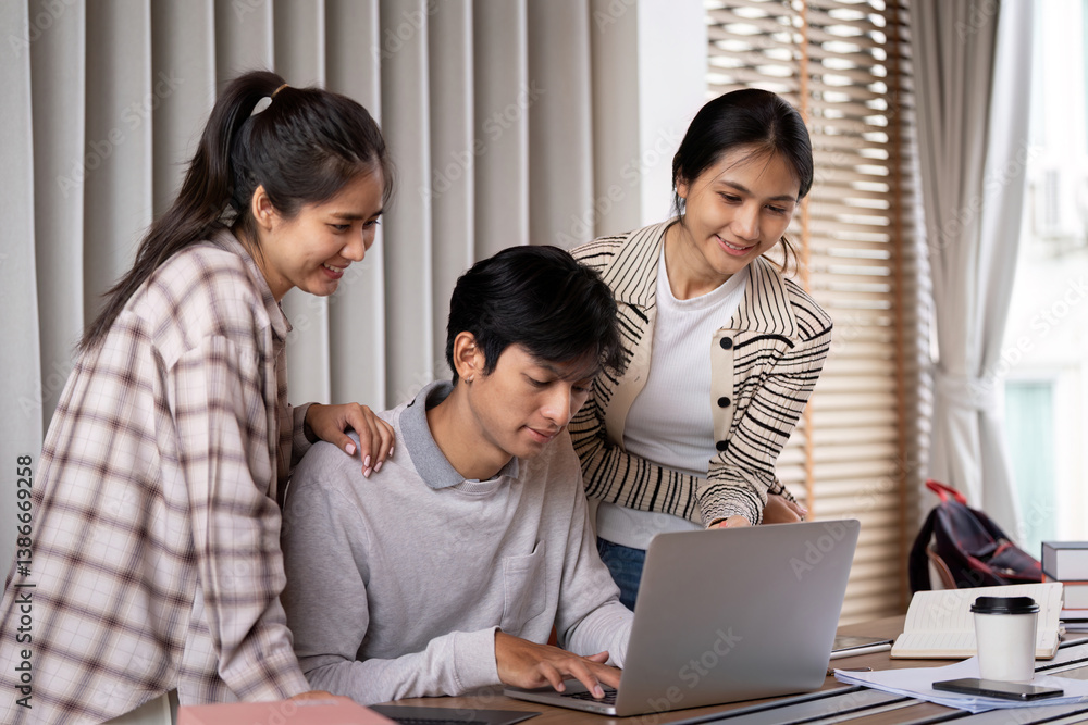 Aufkleber studying together and exploring ideas. three friends discussing and sharing knowledge while working 