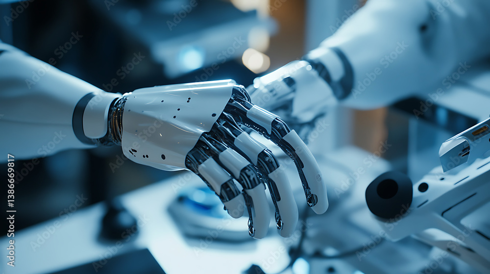 Wall mural a cybernetic engineer working on a human augmentation project, clean tech lab with robotic limbs and