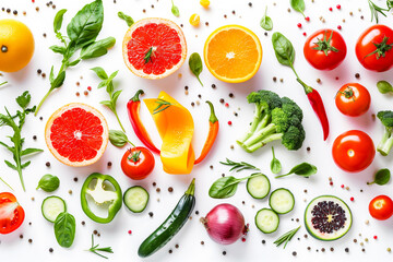 Colorful assortment of fresh fruits and vegetables floating on white background