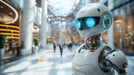 Fototapeta premium Human and robot interaction set in an office in the future