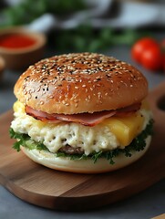 Delicious Hawaiian Burger with Pineapple, Ham and Melting Cheese Close-up