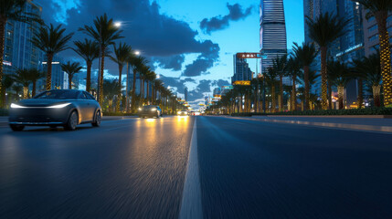 Obraz premium Nighttime Cityscape View with Luxury Cars and Palm Trees under Beautiful Blue Sky