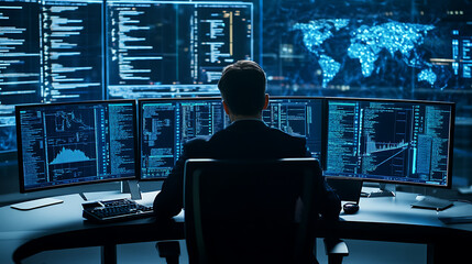 A cybersecurity expert analyzing network security data, dark control room with digital defense systems and threat alerts, High-tech style
