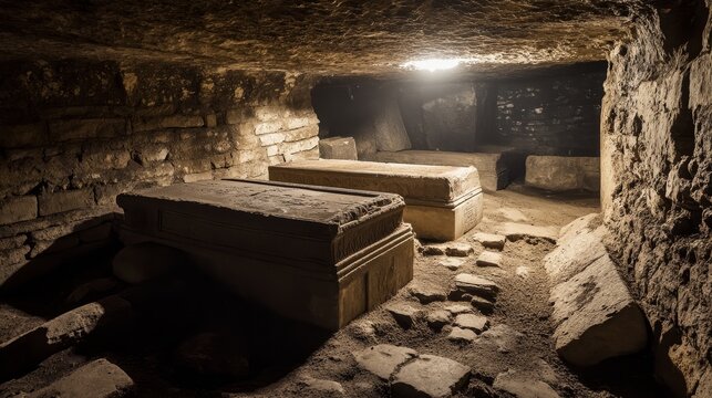 Stone sarcophagi inside a dark ancient tomb or crypt.