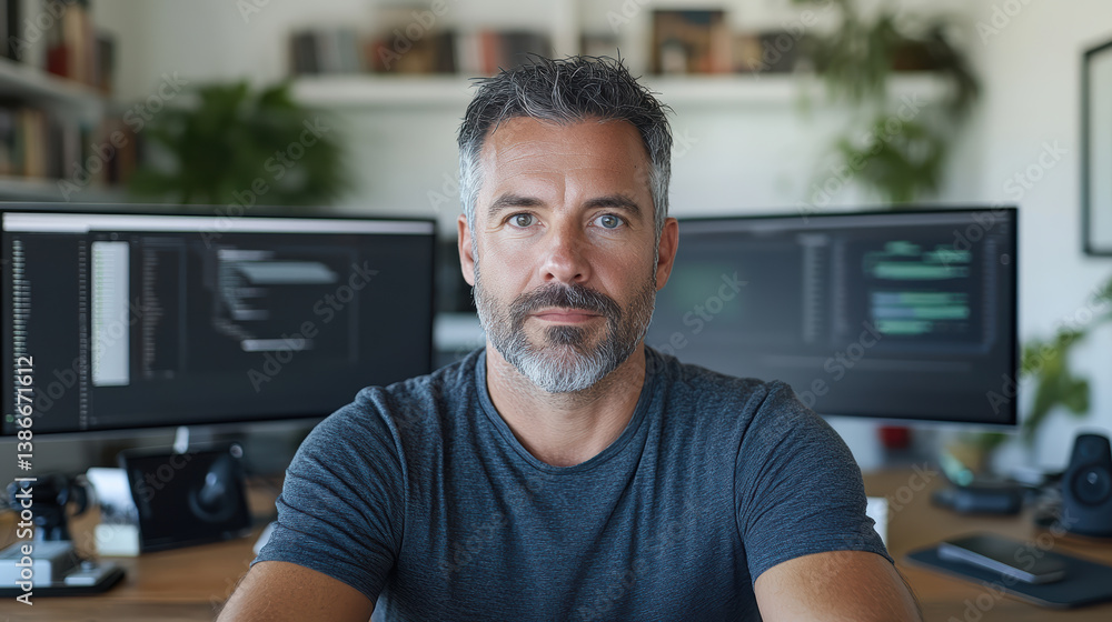 Poster professional man working in modern office with dual monitors displaying code