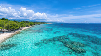 Fototapeta premium Crystal clear water meets serene beach under bright blue sky, creating tranquil paradise
