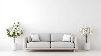 Gray Sofa with Plants Minimalist Style High-resolution rendering Front view Soft cushions Relaxing atmosphere White wall background Neutral calming tones Ideal for interior design