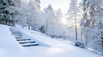 Fototapeta premium Stone steps ascend a snowy hillside, partially buried in a thick blanket of snow. Snow-covered trees form a tranquil winter forest backdrop. The high-resolution image uses natural light, creating a s