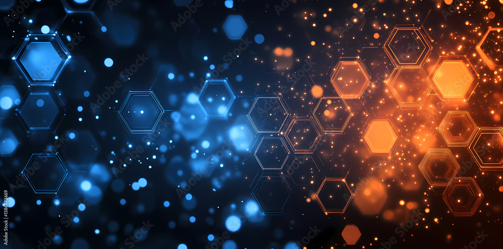 Poster molecular energy: a mesmerizing artistic depiction of vibrant orange and blue molecular structures, 
