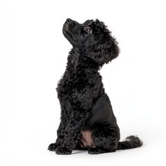 Playful black dog posing indoors pet photography white background side view cute canine concept