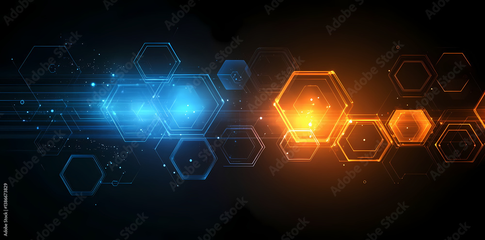 Poster digital hive: a dynamic composition of interconnected glowing hexagons against a deep background, sh