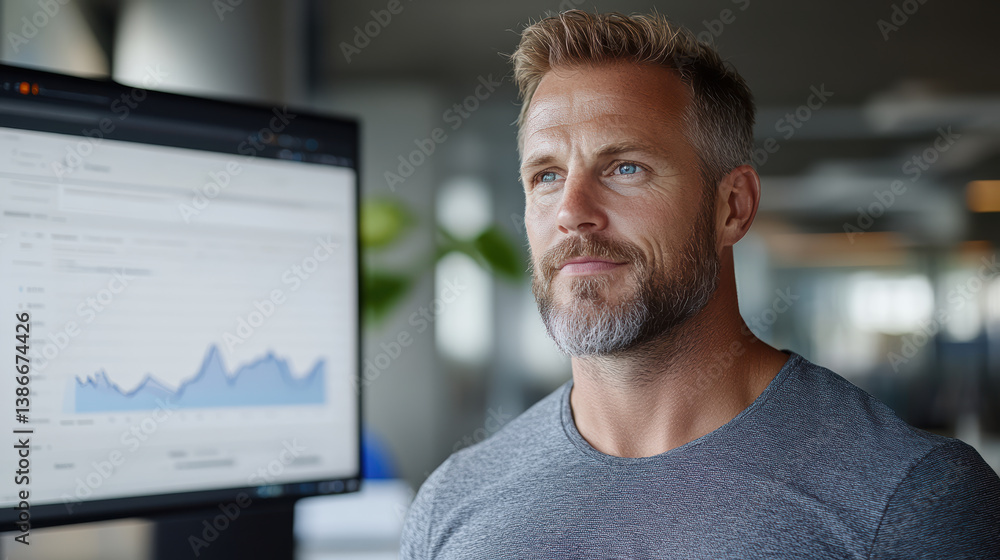 Poster professional man analyzing data with graph on screen, showcasing focus and determination
