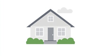 Simple illustration of a house with landscaping.  Small, light gray house with a dark gray roof and simple landscaping