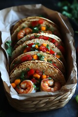 Delicious Shrimp Tacos with Mango Salsa in Woven Basket Close-up