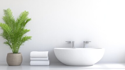 Fototapeta premium Minimalist modern bathroom with a modern bathtub and plant