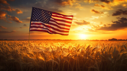 American Flag in Wheat Field: An American flag proudly waves amidst a golden wheat field, bathed in the warm glow of a sunrise, evoking a sense of national pride, freedom, and agricultural heritage.