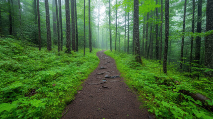 Obraz premium serene forest trail surrounded by lush greenery and misty atmosphere invites exploration