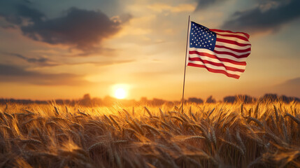 American Flag Embraced by Golden Hour: A majestic American flag billows proudly against a radiant sunset sky over a vast, golden field, embodying patriotism and freedom.