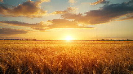 Obraz premium Golden Horizon: A radiant sunrise bathes a vast field of golden wheat in its warm glow, the sun peeking over the horizon, painting the sky with vibrant hues.