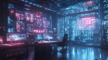 Futuristic Data Center Command Center with Glowing Screens and Server Racks