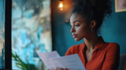 Beautiful woman carefully studying a menu in a dimly lit restaurant setting