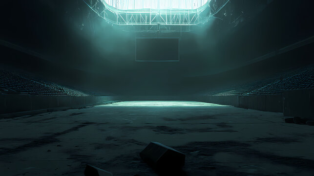 Eerie and deserted stadium shrouded in darkness, evoking a sense of powerlessness and isolation. Shrouded Emptiness. Illustration