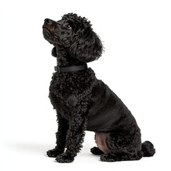 Playful black dog posing indoors pet photography studio setting focused perspective
