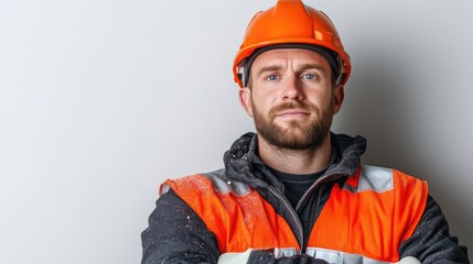 A construction worker, wearing an orange hard hat and safety vest, stares directly at the camera. His arms are crossed. The image is high-quality, well-lit, and features a neutral gray background. T