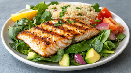 Grilled fish served bed of fresh greens with quinoa and colorful vegetables creates healthy meal