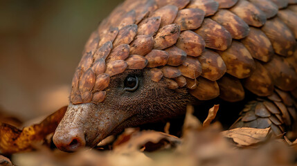Obraz premium Close-Up of a Pangolin Among Fallen Leaves in a Natural Forest Setting