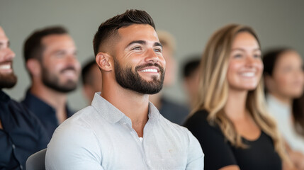 Fototapeta premium Engaged audience members smiling during presentation, showcasing positive emotions