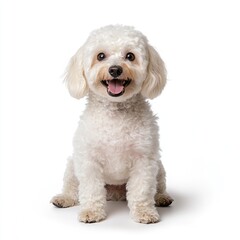 Obraz premium Playful white dog sitting on white background studio photography happy pet portrait cute and friendly environment