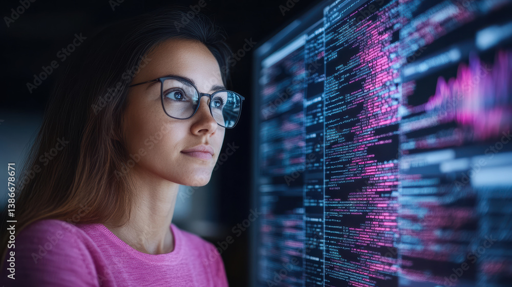 Aufkleber focused woman analyzing data on screen, showcasing technology and programming skills
