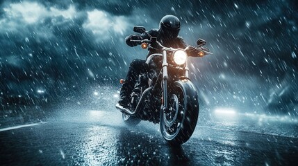 motorcycle riding through a rainstorm.