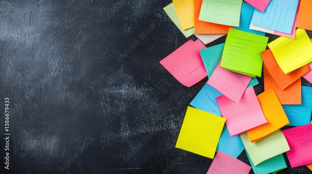 Poster a black background with a large number of colorful sticky notes scattered around it