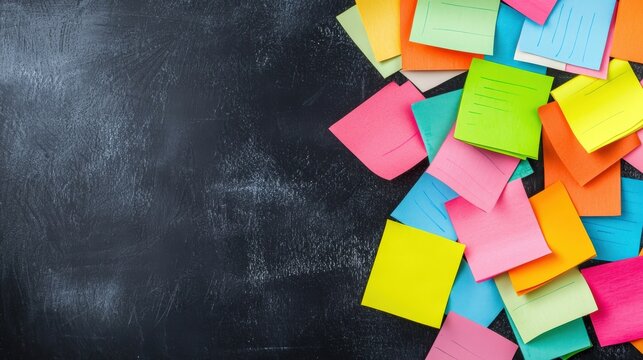 A black background with a large number of colorful sticky notes scattered around it