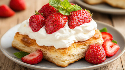 Delicious strawberries topped with whipped cream on flaky biscuit create delightful dessert
