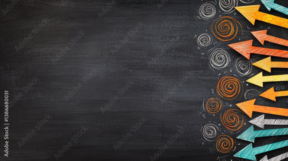 Poster a blackboard with a bunch of arrows drawn on it. the arrows are in different colors and sizes