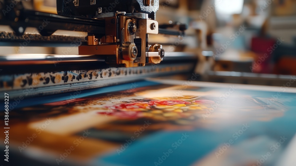 Poster printer creating a beautiful print on paper. the printer mechanism is visible, as it transfers every