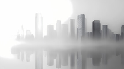 Naklejka premium Monochrome cityscape shrouded in fog with tall buildings present. Shrouded Emptiness. Illustration