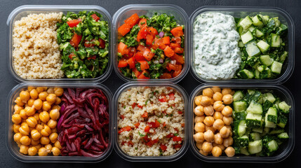 Healthy meal prep featuring colorful lunch boxes filled with grains and vegetables