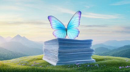 A stack of past-due notices transforming into butterflies, representing financial recovery after overdrafts