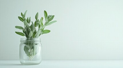 sage plant inside a glass jar against a white backdrop.