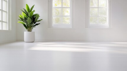 A lush green plant sits in a white pot on a bright white floor. Two windows provide natural light. The image is high-resolution, showcasing a minimalist style. Soft, natural light creates a calm moo