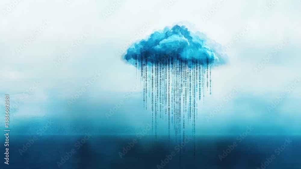 Poster a blue cloud with a lot of raindrops falling from it. the raindrops are made of binary code